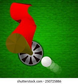 Top view of white golf ball is rolling to the golf hole with red flag on the green grass background.(EPS10 art vector separate part by part)