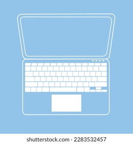 Top view of white laptop in blue sky background color. Line style. Flat simple vector illustration