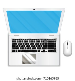 top view of white laptop and mouse