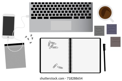 Top view of white office desk with laptop, smartphone, cup of coffee and supplies. Realistic workplace organization concept illustration vector.
