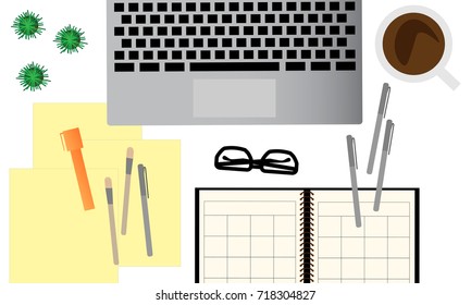 Top view of white office desk with laptop, glasses, cup of coffee and supplies. Realistic workplace organization concept illustration vector.
