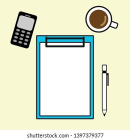 Top view of white paper on blue clipboard and pen and mobile and cup of coffee on yellow background