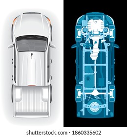Top view of a white pickup SUV template and its diagnostic X-ray image with internal parts and mechanisms.