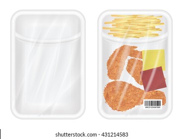 top view of White polystyrene packaging mockup with Chicken fried and french fries 