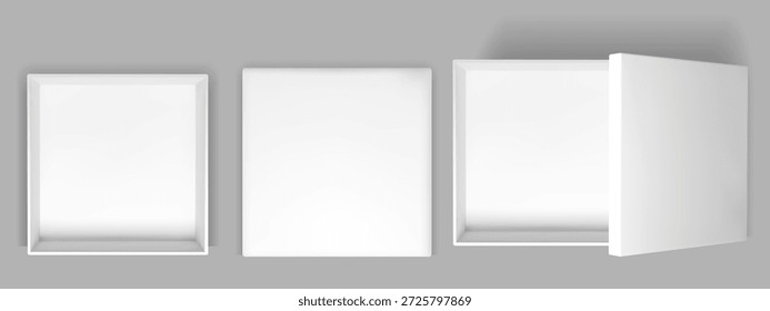 Vista superior de la caja cuadrada blanca con el paquete abierto del regalo y la sombra adentro. Maqueta realista del envase de la cartulina con el interior vacío 3D y la tapa de papel. Vector maqueta arriba aislado en el fondo.