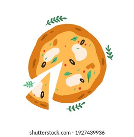 Top view of whole Italian pizza with sliced triangle piece. Vegetarian food with mozzarella cheese, olives and greens. Colored flat vector illustration isolated on white background