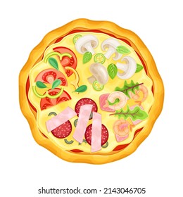 Top view of whole pizza with different tastes. Tasty Italian fast food vector illustration
