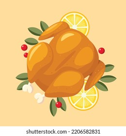 Draufsicht Ganzer gerösteter Türkei-Vogel mit Lemon-Scheiben und Berry-Vektorgrafik | Vogelvektorgrafik von gerösteten Hühnern | Flaches Design einzeln | Erntedanktag | Thanksgiving-Dinner 