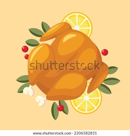Top View Whole Roasted Turkey Bird with Lemon Sliced and Berry Vector Illustration | Roasted Chicken Bird Vector | Flat Design Isolated | Thanksgiving Day | Thanksgiving Dinner Meal 
