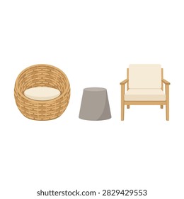 Top view of a wicker furniture set featuring a round basket chair, wooden armchair, and side table with beige cushions, ideal for garden, patio, or interior design visualization.