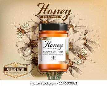 Top view of wildflower honey product in 3d illustration on retro engraved wildflower background