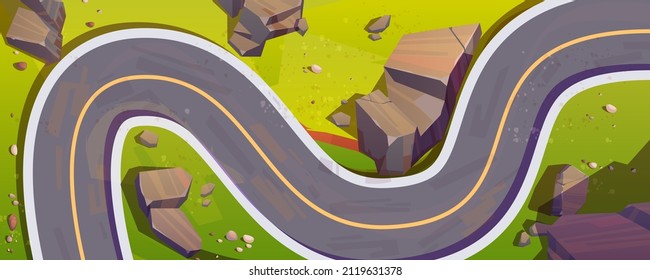 Top view of winding car road, mountain serpentine. Vector cartoon illustration of aerial view of summer landscape with curve asphalt highway, green grass and rocks