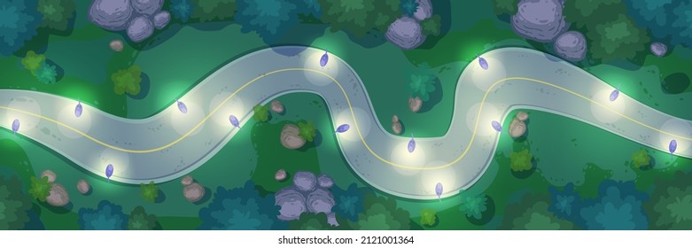 Top view of winding car road, street lights, trees and bushes at night. Vector cartoon illustration of aerial view of summer landscape with curve asphalt highway, lanterns, green grass and stones