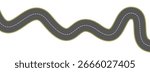 Top view winding road. Curve highway lane or wavy race track. Turning street road route. Town or city pavement asphalt path turn. Wiggly roadway drive stripe element. Vector illustration