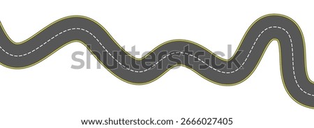 Top view winding road. Curve highway lane or wavy race track. Turning street road route. Town or city pavement asphalt path turn. Wiggly roadway drive stripe element. Vector illustration