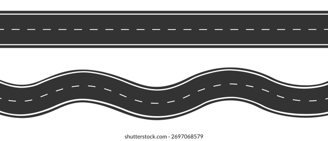 Top view of winding and straight roads, Set of straight and winding roads with dotted center lines separating them. Flat vector illustration design isolated on white background.