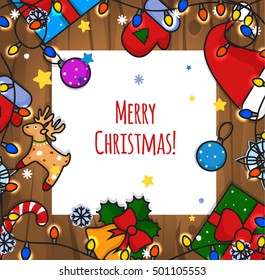 Top view Winter Christmas illustration. New Year icons.Winter icons on wooden background. Hat,sweater and gloves. Flat lay hand drawn vector illustration. Square card, banner, web.