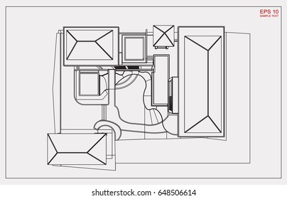 Top view wireframe structure of house. Vector 3D perspective rendering.