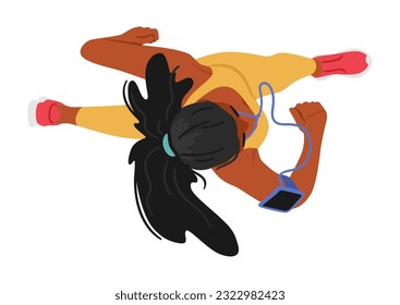 Top View of Woman Character Jogging, Displaying Her Determination And Athleticism As She Moves Gracefully Through Her Surroundings, Embracing The Rhythm Of Her Run. Cartoon People Vector Illustration