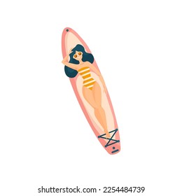 Top view of woman lying on surfboard vector illustration. Cartoon drawing of girl in swimsuit sunbathing on surfing board isolated on white background. Summer, vacation, outdoor activity concept