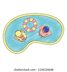 top view woman and man on pool with lifebuoy