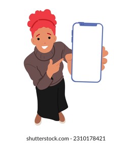 Top View Of A Woman Pointing At A Smartphone Screen, Her Eyes Filled With Curiosity And Excitement As She Explores The Digital World. Female Character with Mobile. Cartoon People Vector Illustration