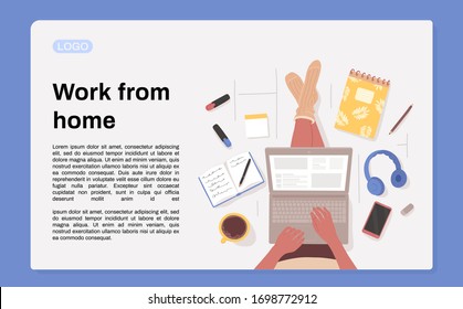 Top view of woman sitting on floor crosslegged with laptop on the lap surrounded by stationery, gadgets, cup of coffee.Working from home, remote job concept. Landing page design.