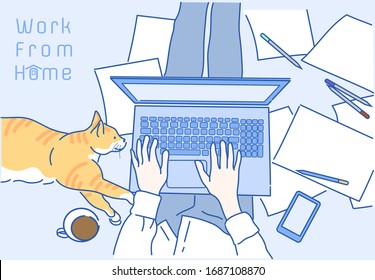 Top view of a woman sitting and working at home, her cute cat came to sleep beside. Work from Home concept. Hand drawn in thin line style, vector illustrations.