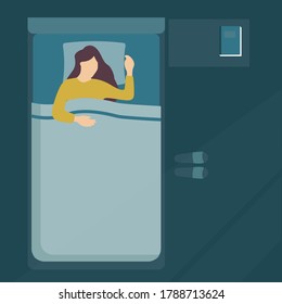 Top view of a woman sleeping in bed. Flat vector illustration