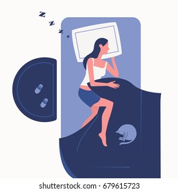 Top View Of A Woman Sleeping In Bed With A Cat. Flat Vector Illustration