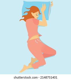 top view of woman sleeping on a bed in his bedroom at night in pink pajama. Sleeping well. Cartoon, vector illustration