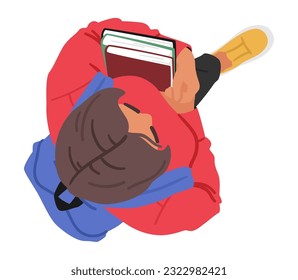 Top View Of A Woman Student Confidently Walking With A Backpack And Books, Symbolizing Knowledge, Education, And Determination. Female Character Learn in College. Cartoon People Vector Illustration