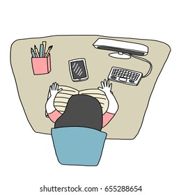 Top view of woman studying her paperwork with computer screen, keyboard, stationery and smartphone set on the desk. Vector illustration with hand-drawn style.
