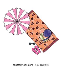 top view woman in swimsuit on towel with umbrella beach