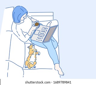 Top view of a woman using computer laptop on the sofa, she work at home and her cute cat came to sleep beside. Conceptual of Work from home. Hand drawn in thin line style, vector illustrations.