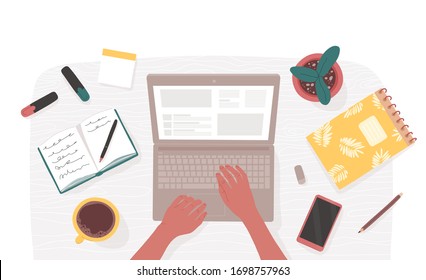 Top view of woman's arms typing on laptop at desk and surrounded by stationery, gadgets, cup of coffee, plant. Vector hand drawn character illustration. Working from home, remote job concept.