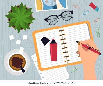 Vista Superior Del Dibujo De Las Mujeres A Mano En El Portátil. Ilustración de vectores en estilo plano