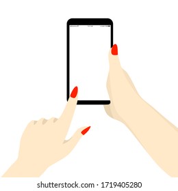 Die Draufsicht ist die Hand einer Frau, die das Telefon oder Handy hält, um zu bestellen, Online-Shopping   bei Kabeljau-19. Bleiben Sie zu Hause und vermeiden Sie die Ausbreitung des Coronavirus, weißer Hintergrund