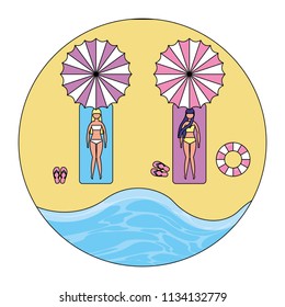 top view women on towels with umbrellas sandlas and float beach