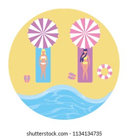 top view women on towels with umbrellas sandlas and float beach