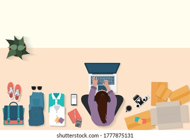 Top view of women working laptop computer with fashion accessories on floor from home. With postal parcel, Selling online ideas concept.Vector illustration.