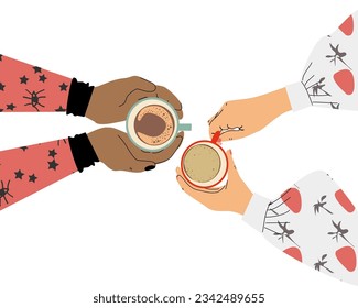 top view: women's hands holding coffee 