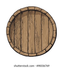 Top view of wooden barrel, sketch style vector illustrations isolated on white background. Wine, rum, beer classical wooden barrel, hand-drawn vector illustration, top view