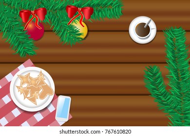 Top view of the wooden desk with twig of Christmas tree, Christmas sweets, cup of coffee and smart phone. Free place for your text is in the center of the vector. All potential trademarks are removed.