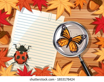 Draufsicht auf Holztisch mit unbedrucktem Papier und Insekten und Herbstblattgrafik