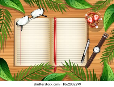 Vista superior de la mesa de madera con página en blanco de objetos de libro y oficina y ilustración de elemento de hojas