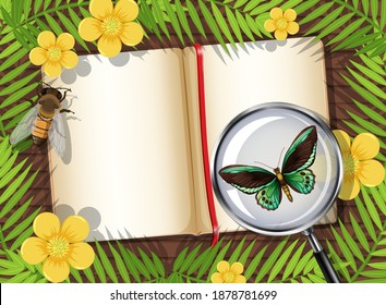 Top view of wooden table with blank page of book and insects and leaves element illustration