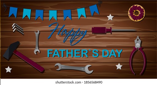 Top view of a wooden table with building tools. The inscription is the best dad. Master table with hammer, pliers, key, screwdriver. Greeting card for father s day, international men s day. Brutal