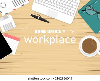 Top view wooden table desk design, Top creative to home office workplace, Marketing illustration online.