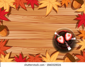 Top view of wooden table with dessert and autumn leaves element illustration